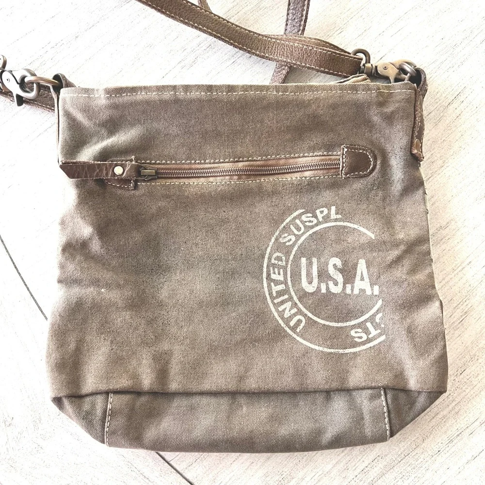 Myra Bag Upcycled Canvas Rug Cowhide Crossbody Bag Green Brown S-1250